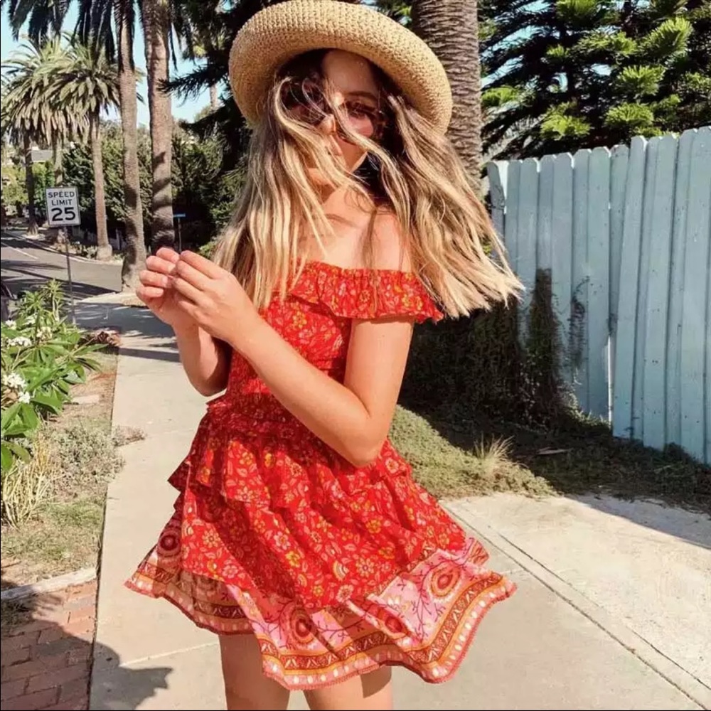 Off the Shoulder Boho Floral Gypsy Print Dress red - Picture 1 of 10